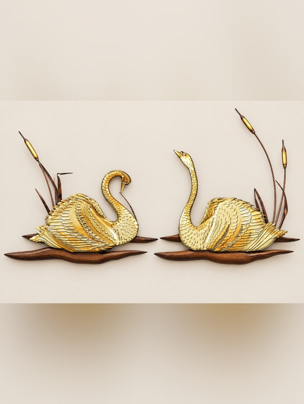 Vintage MCM Brass Copper Swan Wall Art Pair Wood Cattails Mid Century Decor